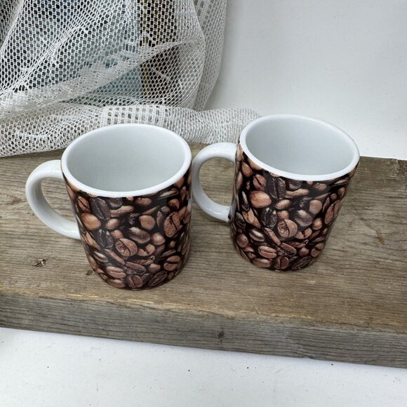Starbucks Coffee Bean Print Ceramic Mugs 2007 Set Of 2 Demitasse - Picture 3 of 6